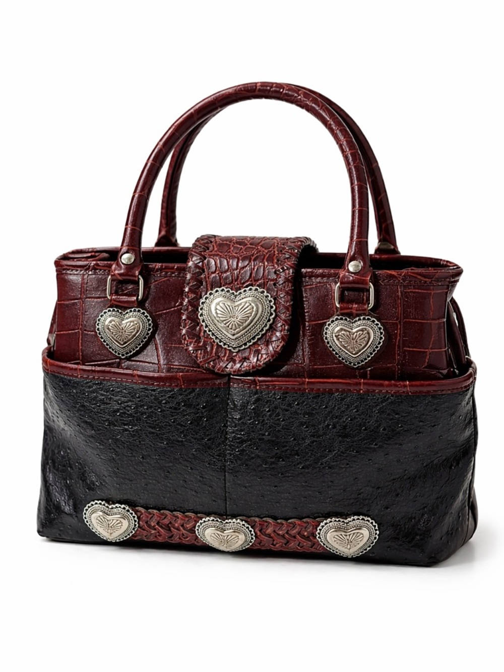 Women’s Heart-Concho Two-Tone Handbag in Burgundy and Black